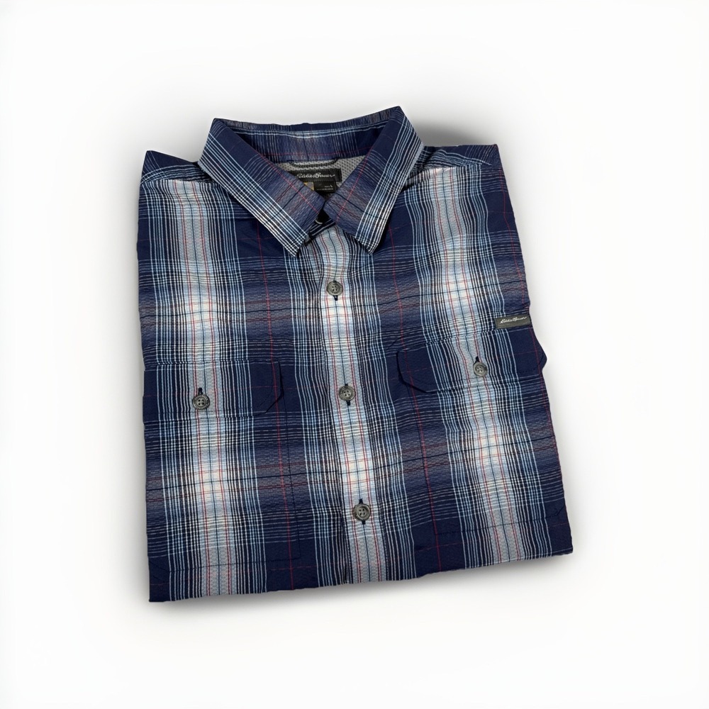 Eddie Bauer Fishing Hiking Shirt Mens Large White Blue Plaid Vented Short Sleeve